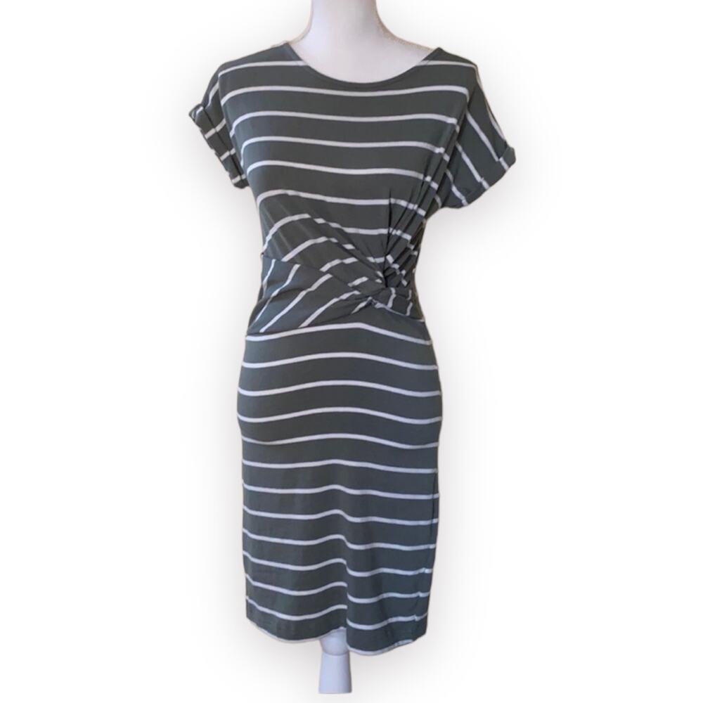 GAP Casual Knit Dress w Twist Waist Green White Stripes Size Small